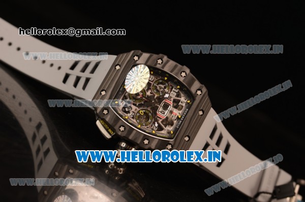 Richard Mille RM 11-09 Chrono Swiss Valjoux 7750 Automatic Carbon Fiber Case with Skeleton Dial Arabic Numeral and White Rubber Strap - 1:1 Original(KV) - Click Image to Close